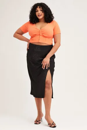 Graceful Look Black Slip Skirt Midi Elastic Waist Jacquard Satin