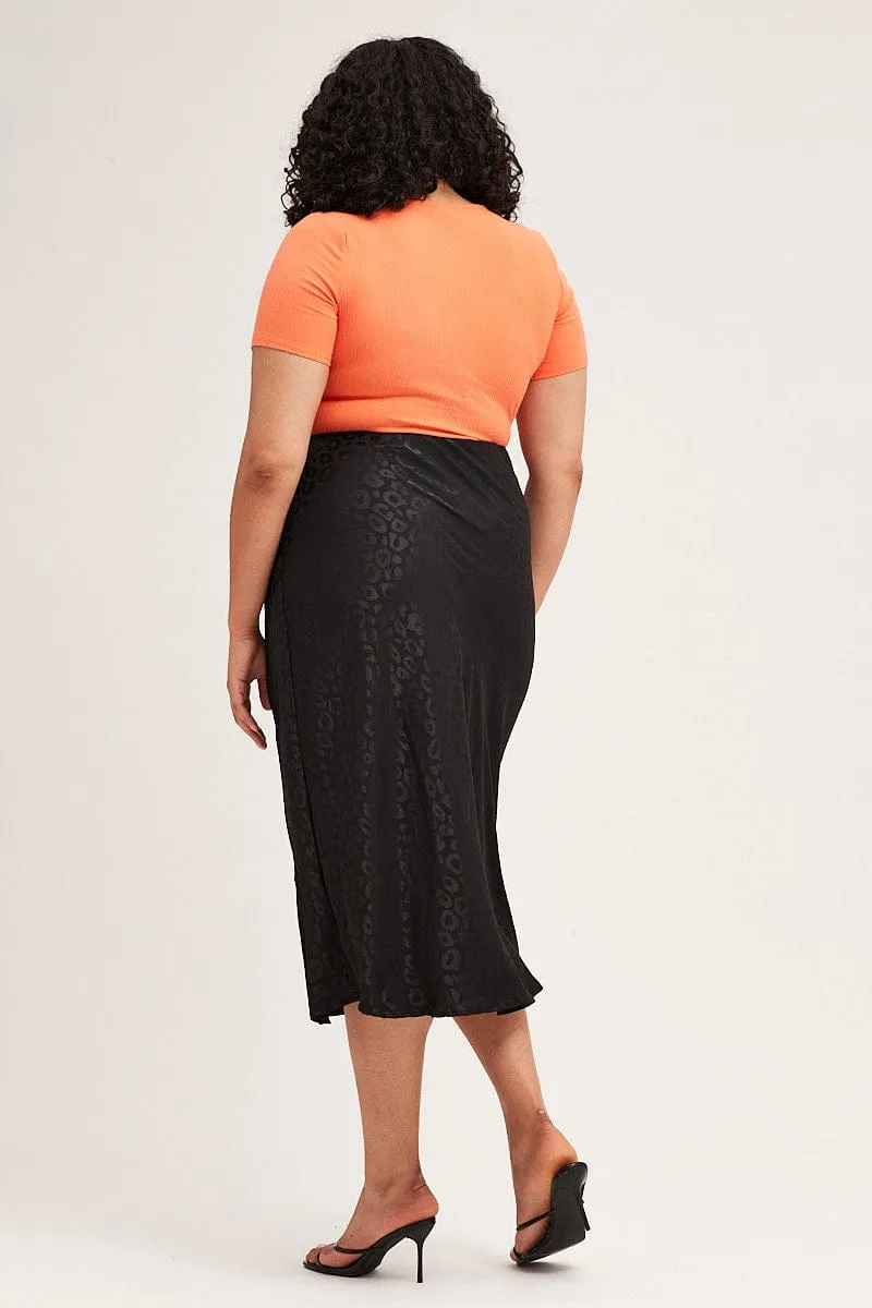 Mix Culture Black Slip Skirt Midi Elastic Waist Jacquard Satin