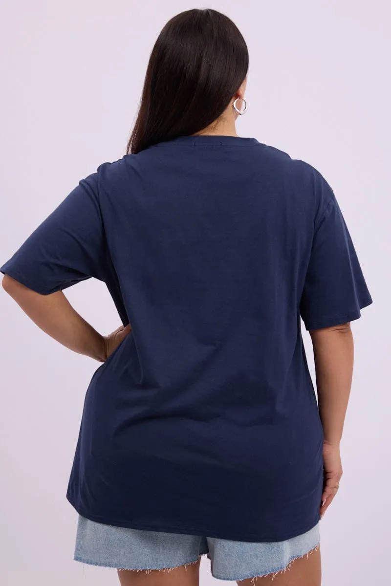Blue Graphic T Shirt Short Sleeve Crew Neck Reinforced Shoulder