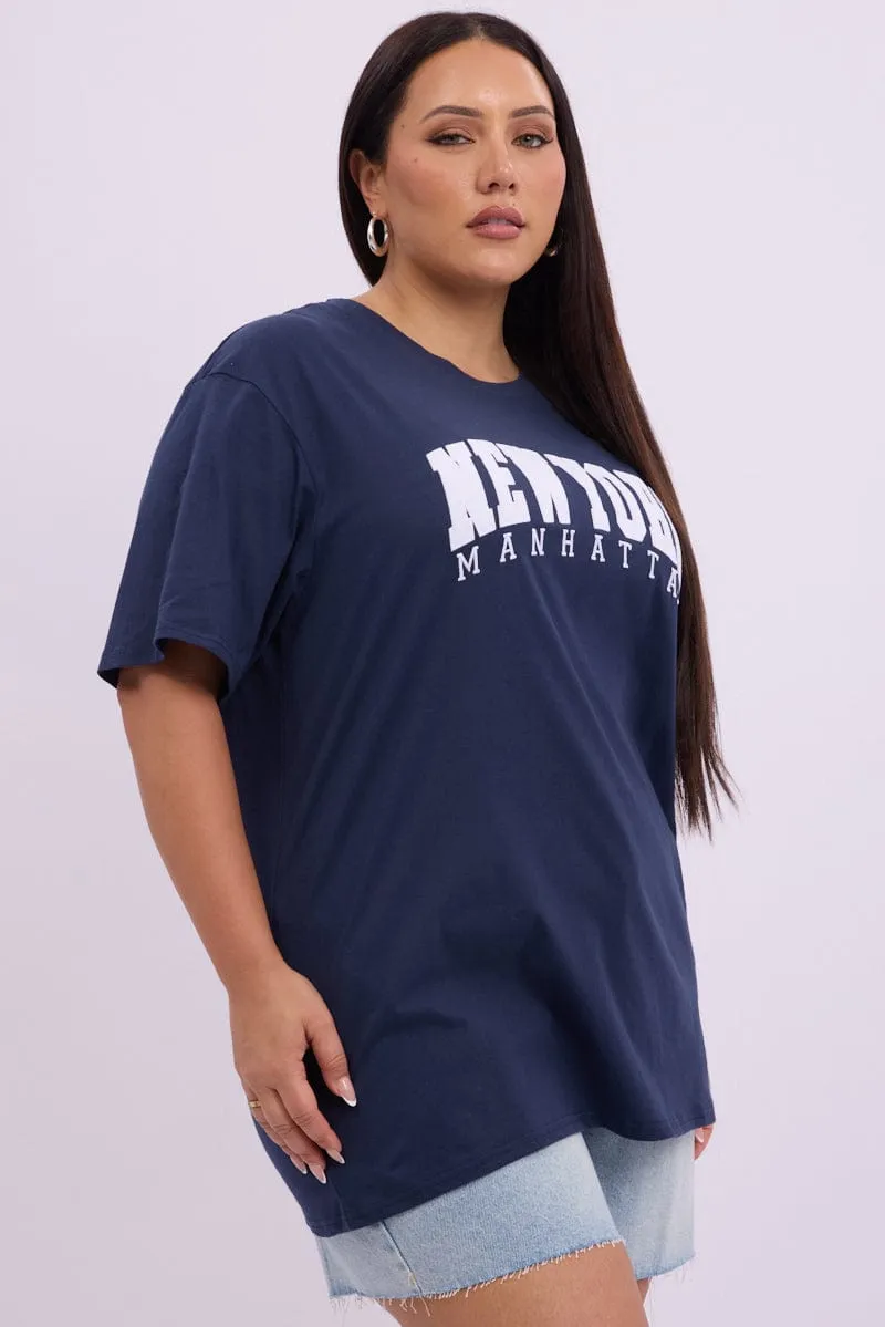 Blue Graphic T Shirt Short Sleeve Crew Neck Comfortable Layer