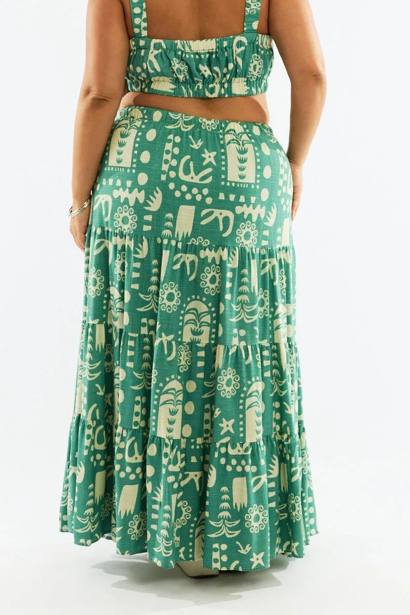 Green Abstract Linen Blend Tiered Drawstring Waist Maxiskirt Clean Lines Non Restrictive