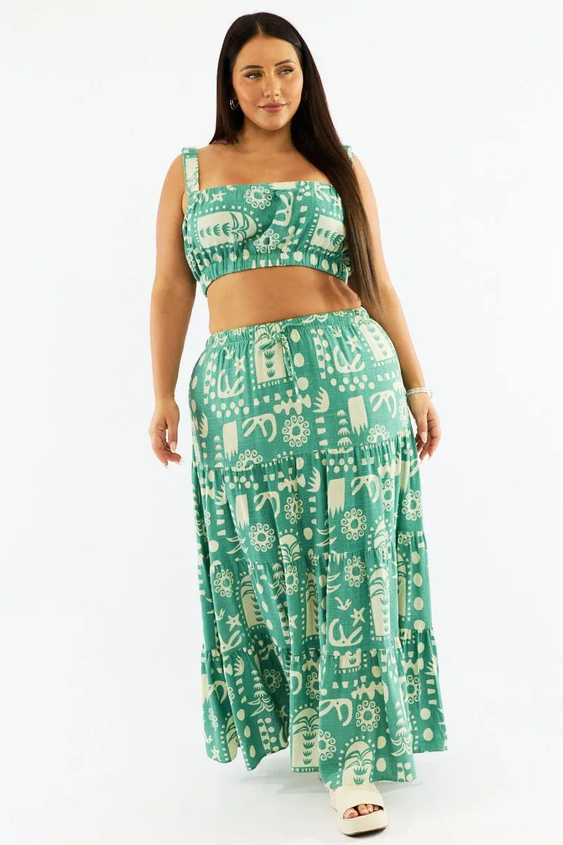 Green Abstract Linen Blend Tiered Drawstring Waist Maxiskirt Draped Silhouette