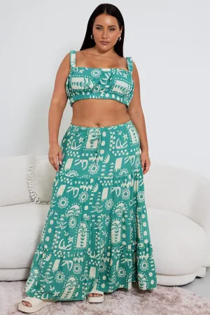 Green Abstract Linen Blend Tiered Drawstring Waist Maxiskirt Airy Feel