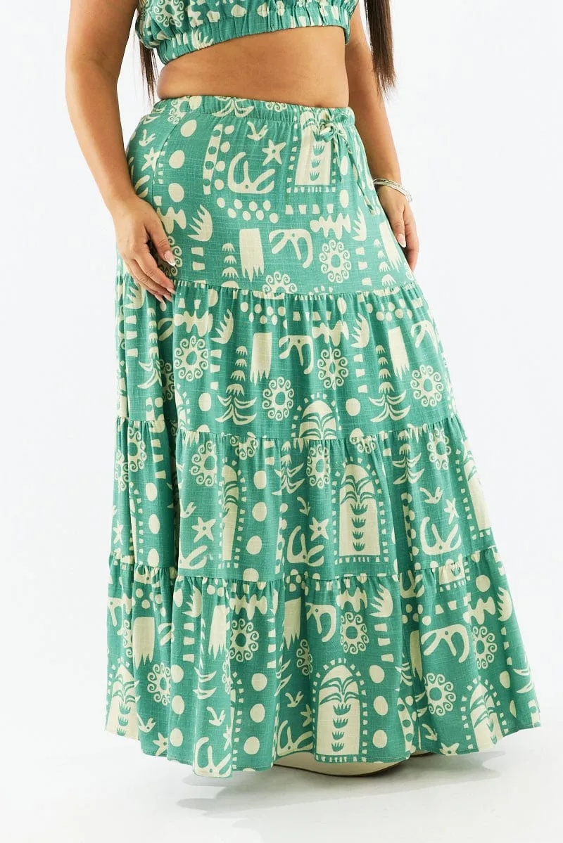 Green Abstract Linen Blend Tiered Drawstring Waist Maxiskirt Slow Fashion