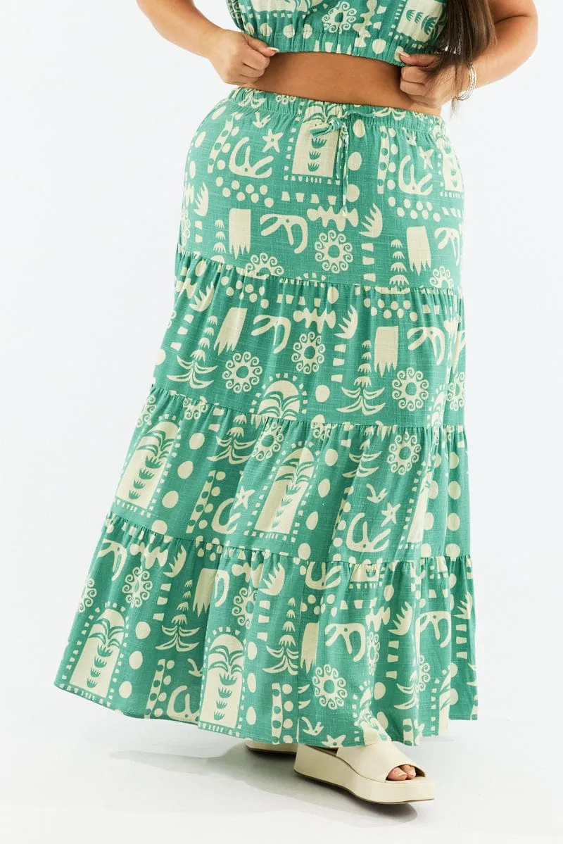 Green Abstract Linen Blend Tiered Drawstring Waist Maxiskirt Fitted Cut