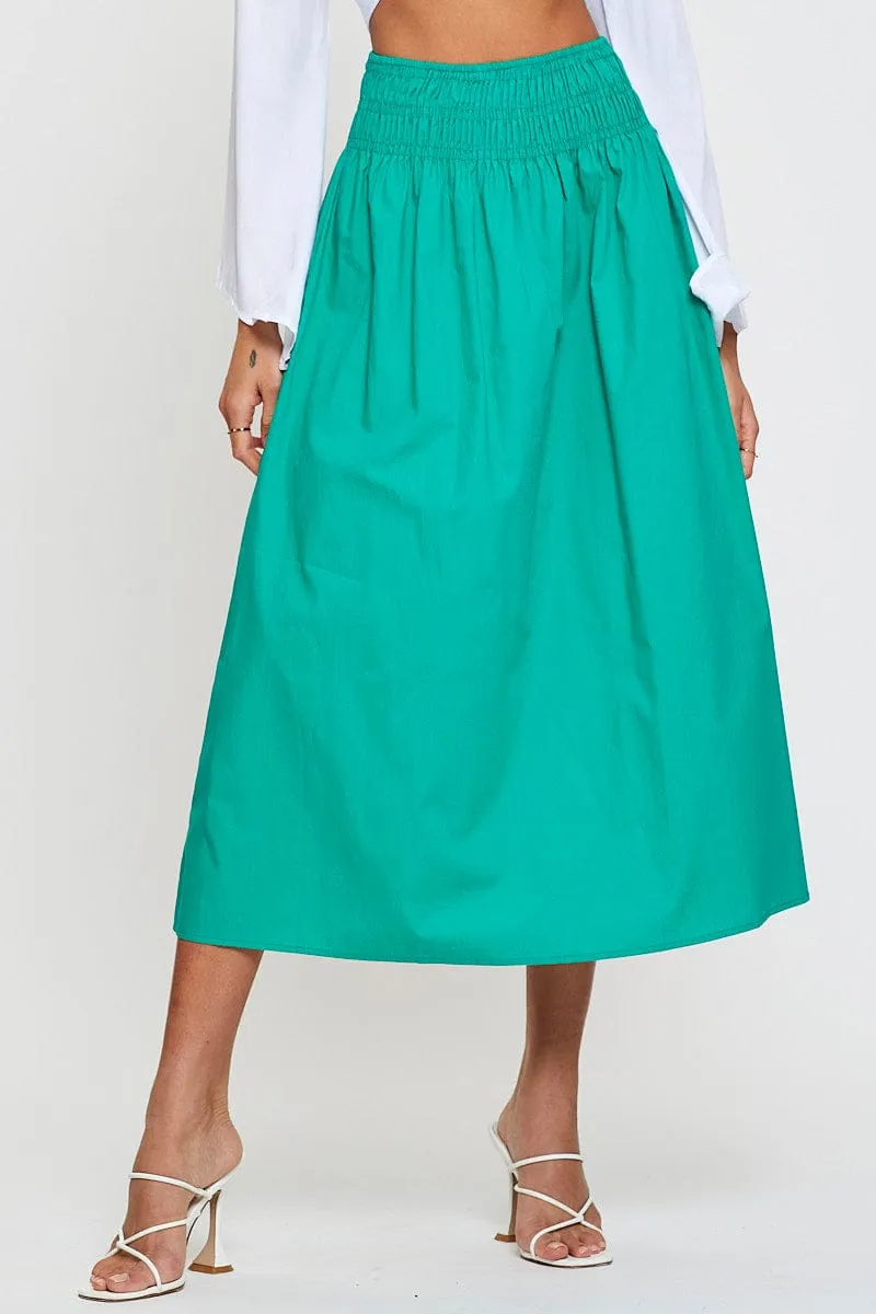 Green Midi Skirt High Rise Shirred Waist Light Flow Smooth Look