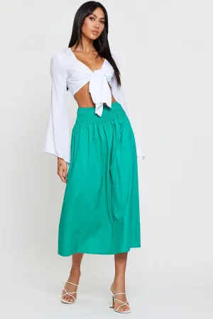 Green Midi Skirt High Rise Shirred Waist Gentle Comfort