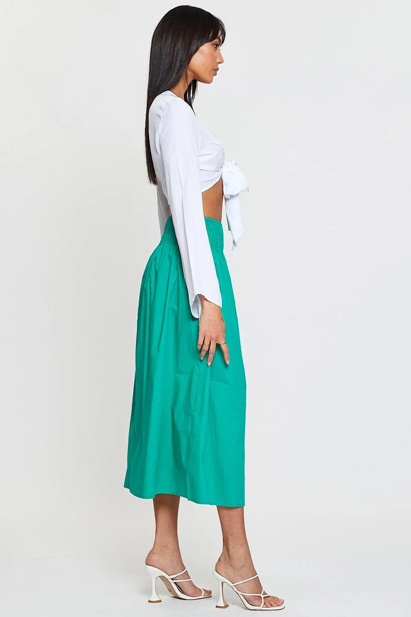 Green Midi Skirt High Rise Shirred Waist Fold Over Detail