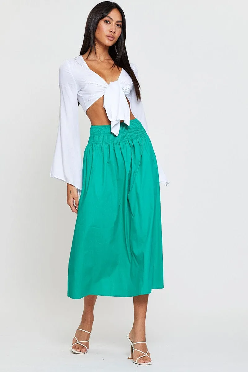 Green Midi Skirt High Rise Shirred Waist Gentle Comfort