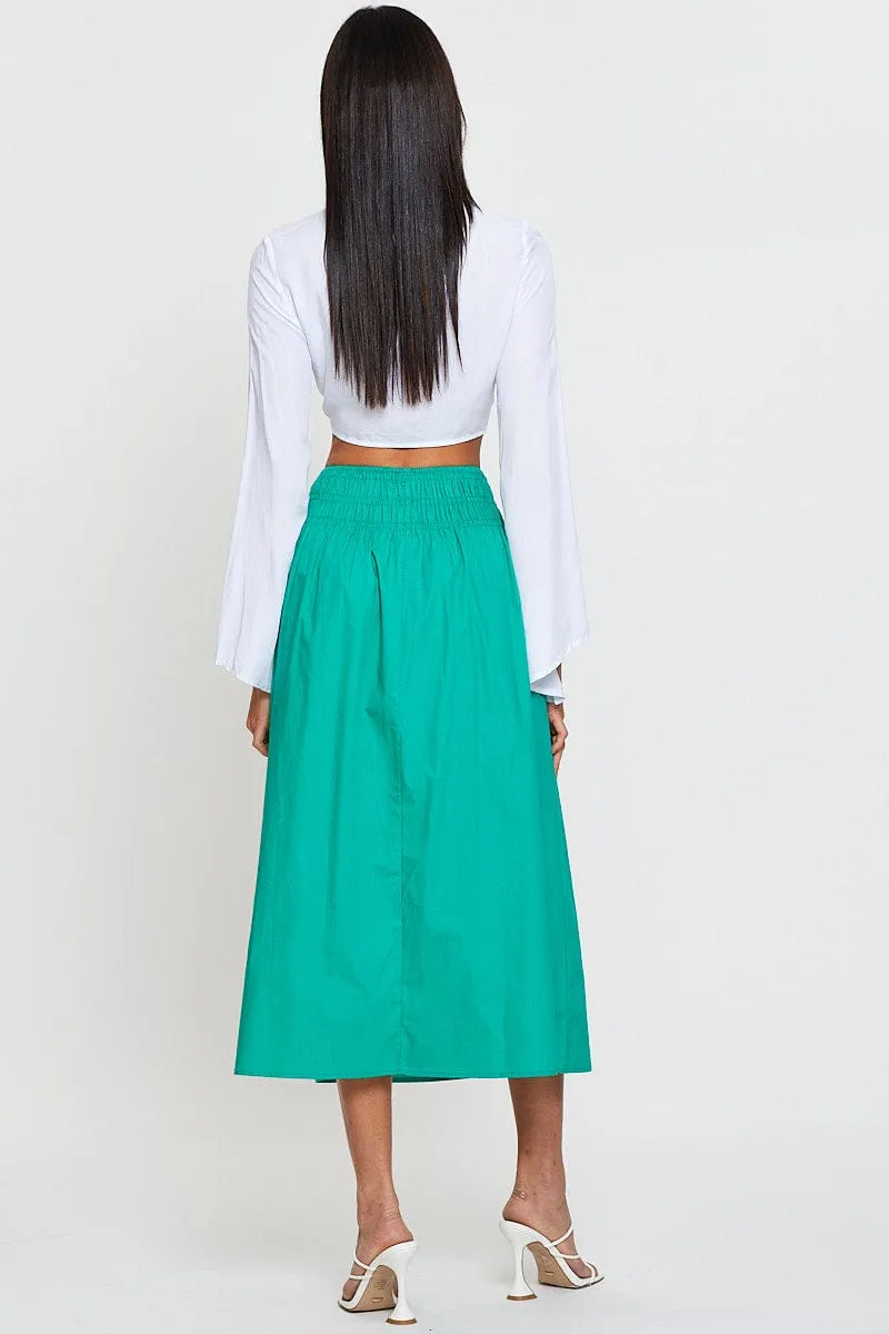 Sleek Comfort Green Midi Skirt High Rise Shirred Waist