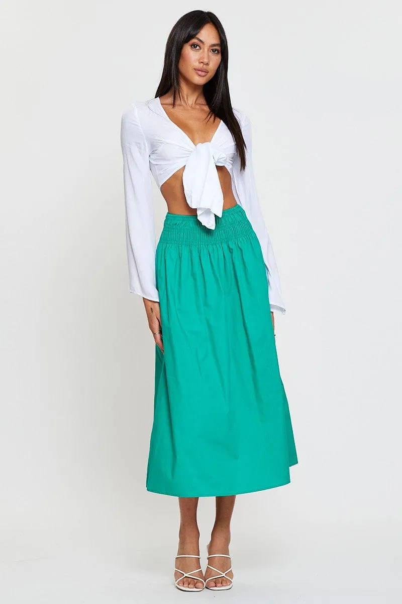 Green Midi Skirt High Rise Shirred Waist Leather Look
