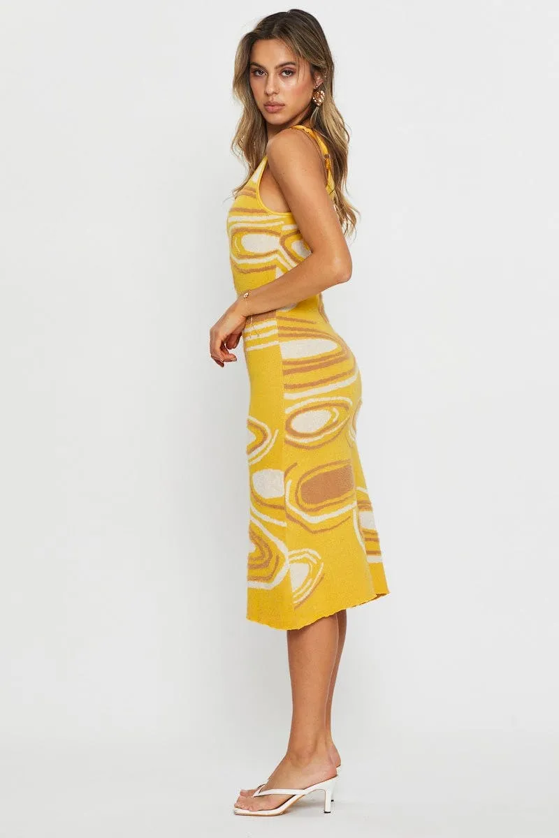 Soft Dawn Cross Stitch Print Knit Dress Midi