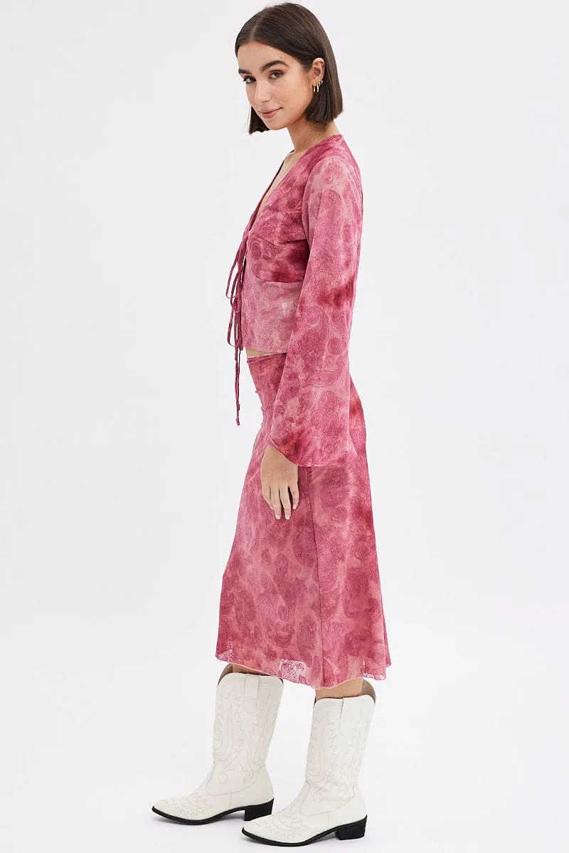 Suede Feel Red Paisley Midi Skirt High Rise Fit & Flare Mesh Lined