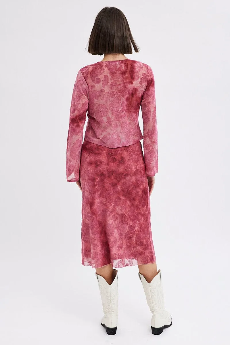 Hidden Zipper Style Innovation Red Paisley Midi Skirt High Rise Fit & Flare Mesh Lined