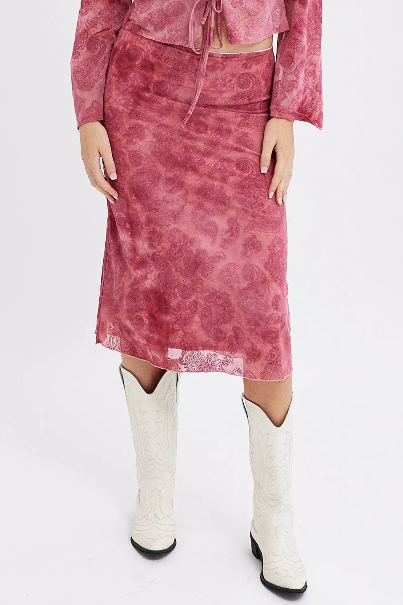 Red Paisley Midi Skirt High Rise Fit & Flare Mesh Lined Twist Front Design