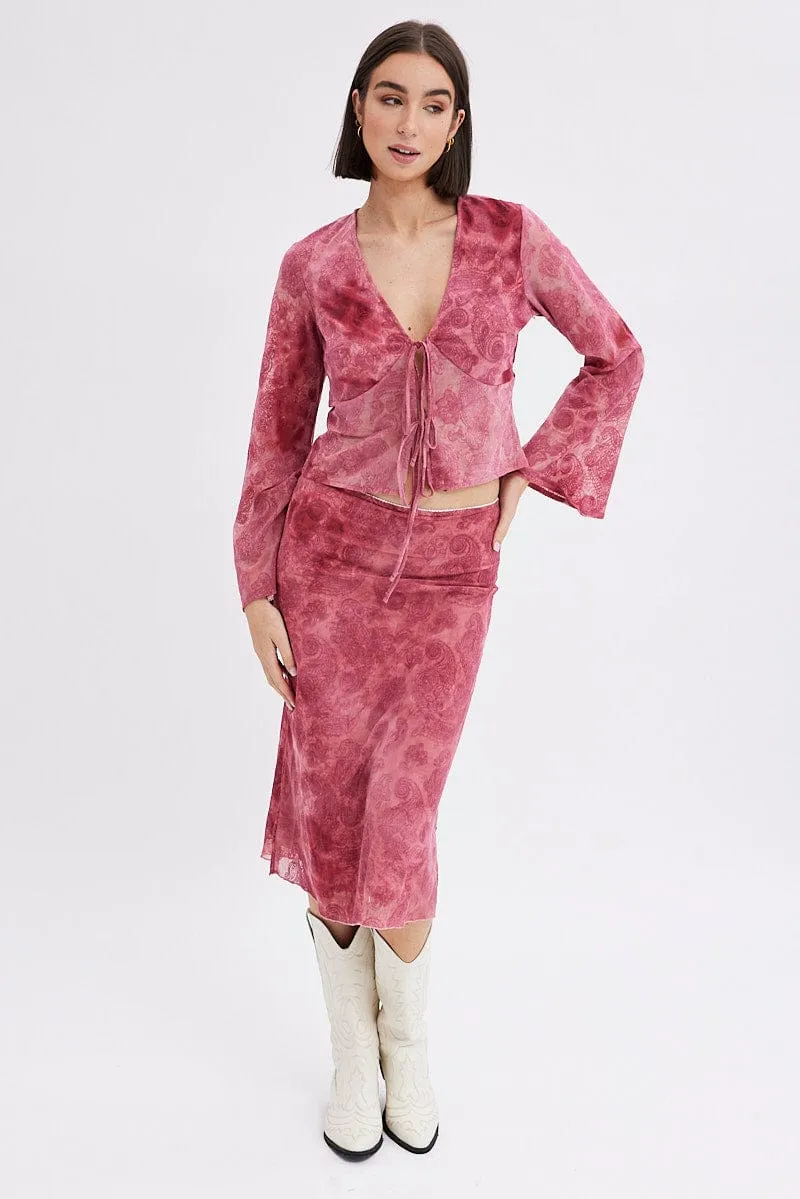 Red Paisley Midi Skirt High Rise Fit & Flare Mesh Lined Cozy Tones Heritage Craft