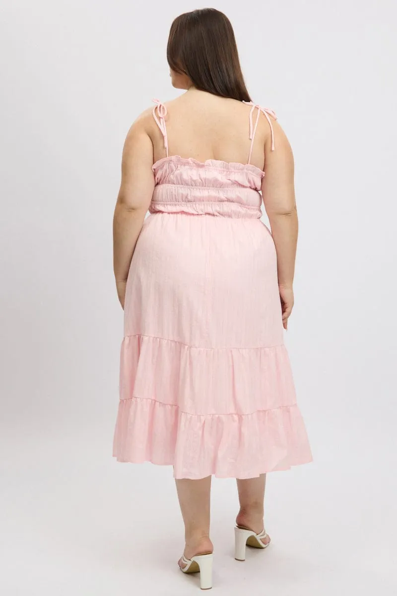 Pink Midi Dress Sleeveless Tie Front Tiered Textured Everyday midi for work Feminine Charm