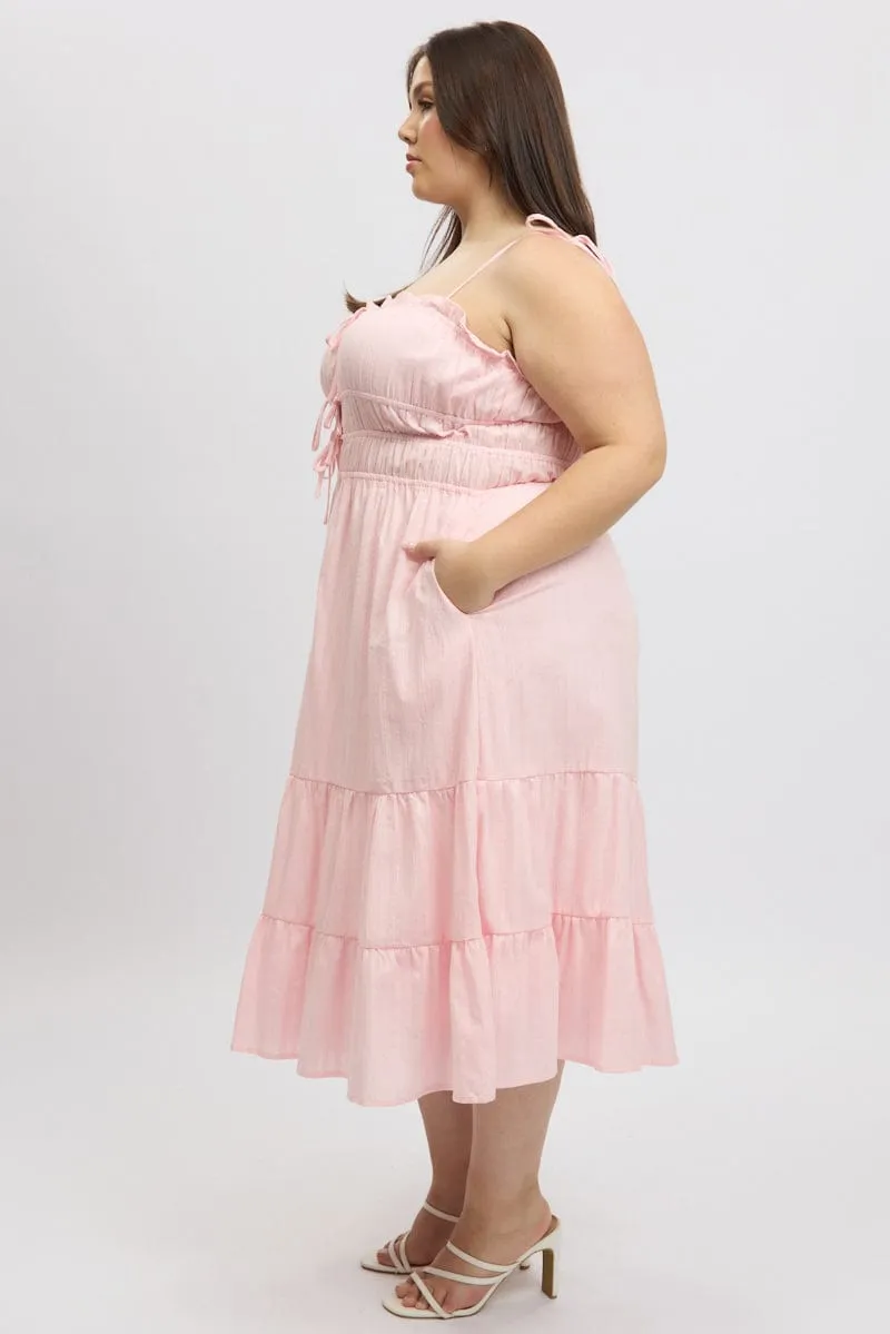 Pink Midi Dress Sleeveless Tie Front Tiered Textured Tower Look Event Ready
