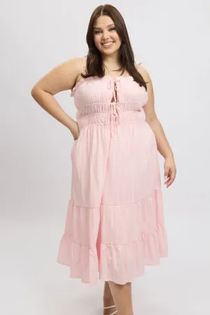Pink Midi Dress Sleeveless Tie Front Tiered Textured Charming Style Elegant Option