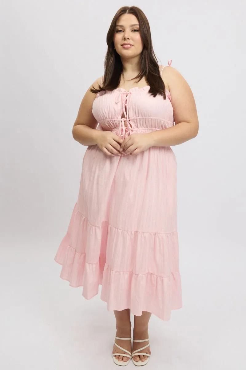 Pink Midi Dress Sleeveless Tie Front Tiered Textured Clear Sky