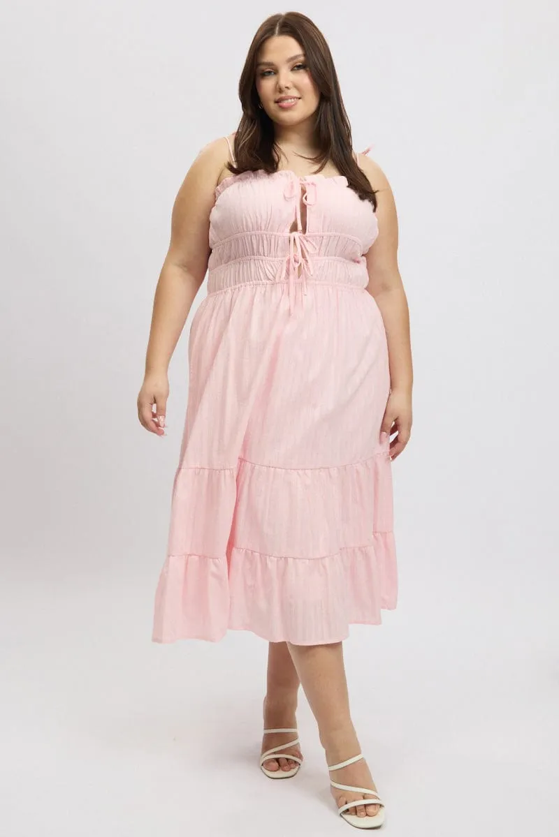 Pink Midi Dress Sleeveless Tie Front Tiered Textured Jade Glow Seasonal Comfort