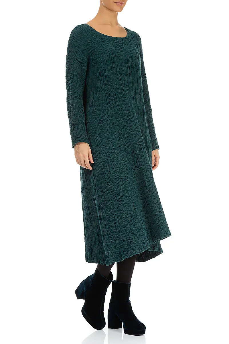 Flared Peacock Textured Silk Linen Dress ReflectiveTrimDetails Winter Ready