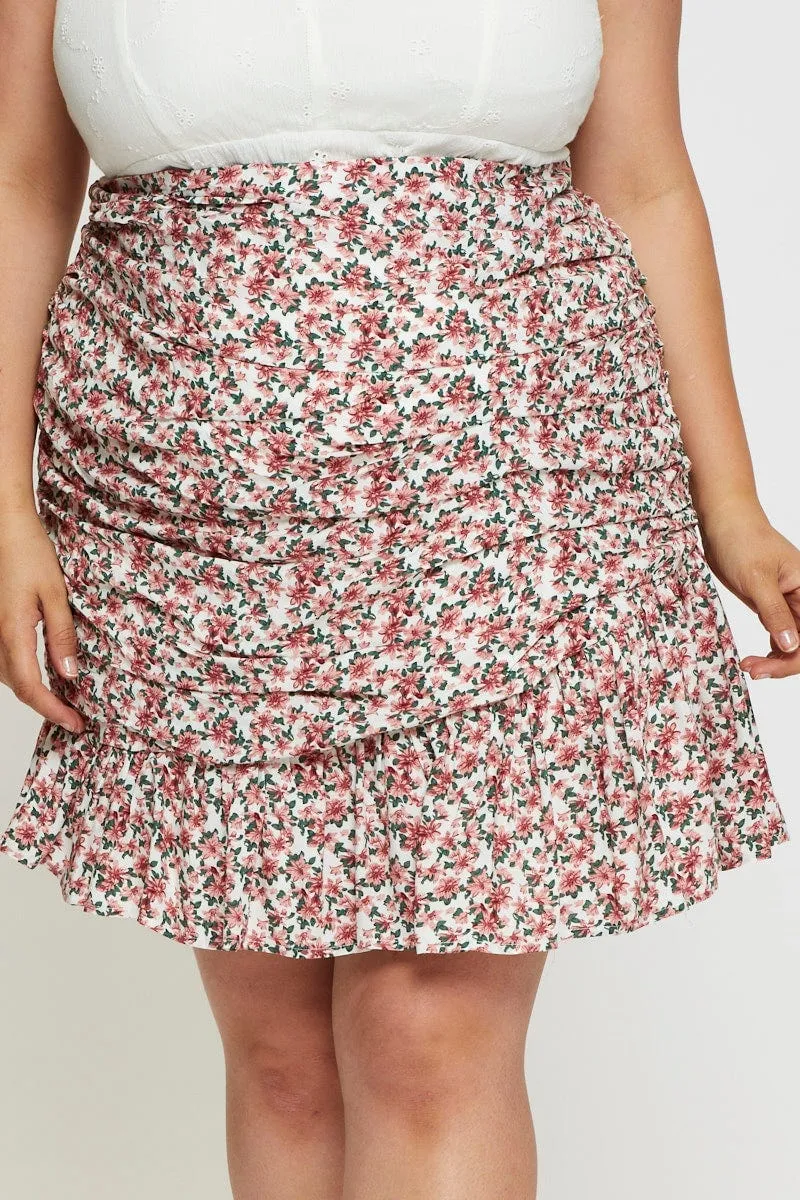 Floral Print Mini Skirt Ruffle Hem Active Wear