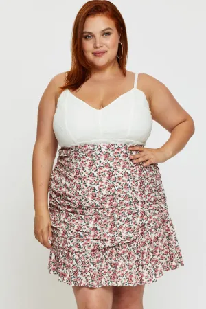 Silk Touch Floral Print Mini Skirt Ruffle Hem