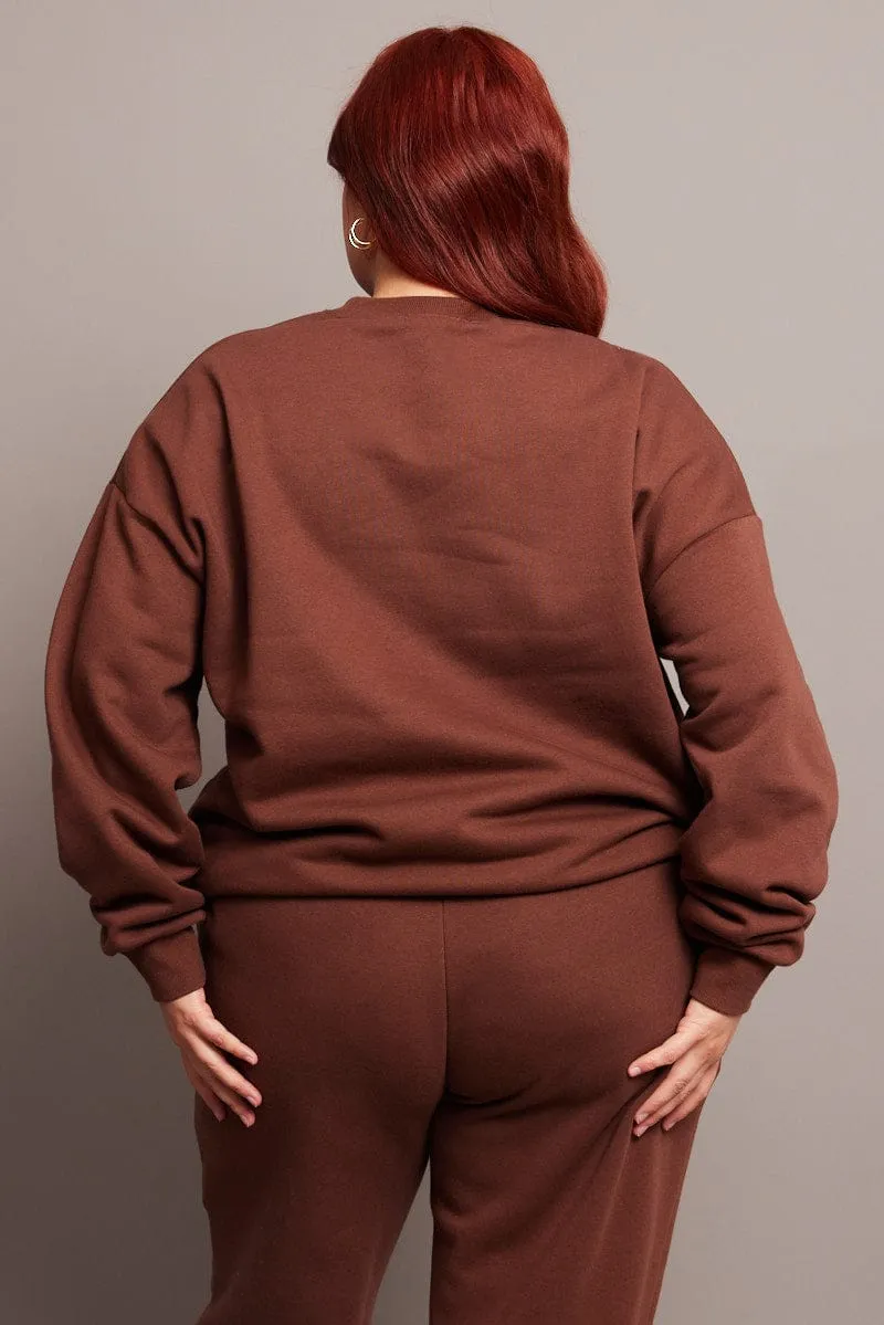 Brown Oversized Sweater Long Sleeve Crew Neck gemstone accents Daily Wear