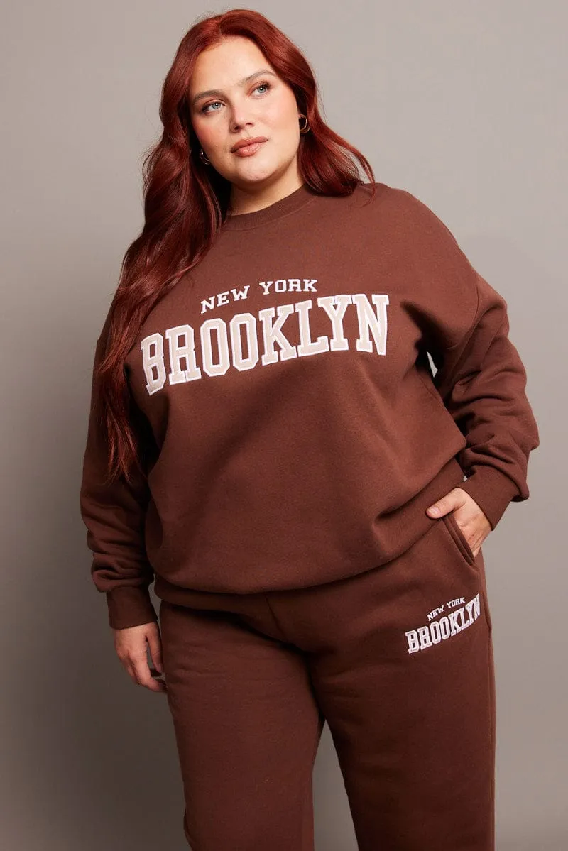 belt accents Street Style Vibe Brown Oversized Sweater Long Sleeve Crew Neck