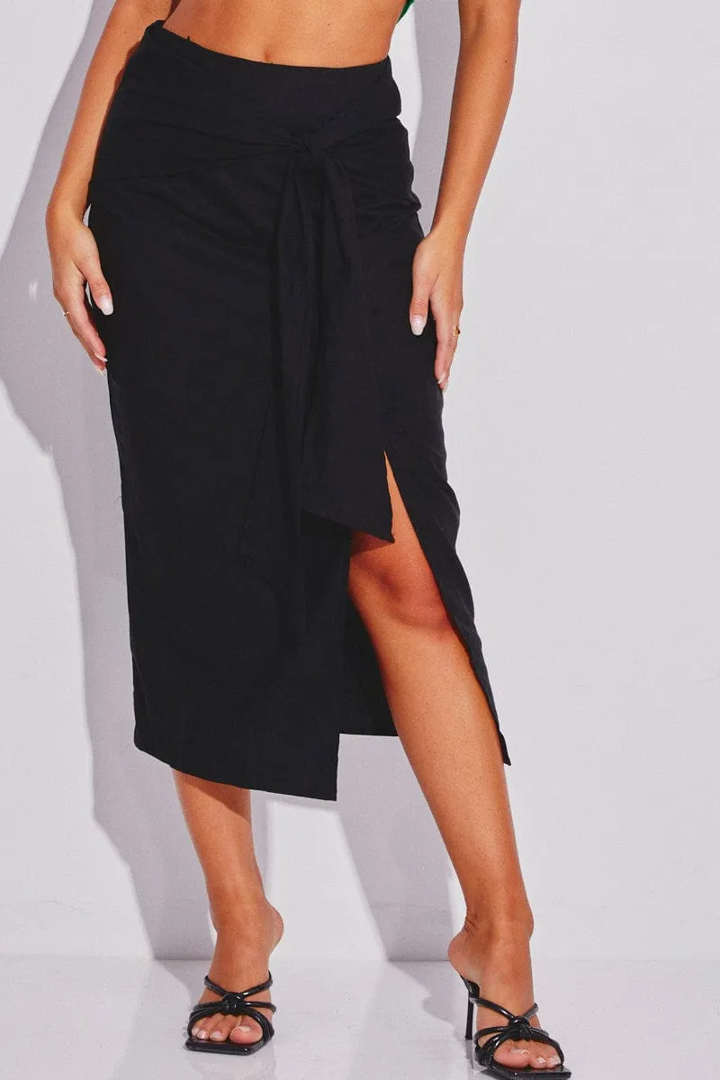 Black Midi Skirt Tie Front Side Split Hem Fringe Detail Graceful Look