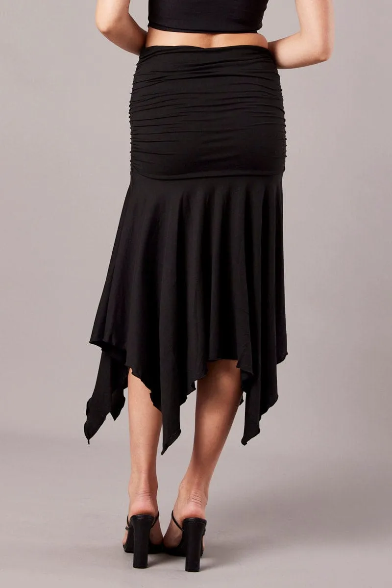 Black Handkerchief Midi Asymmetric Skirt Everyday Favorite