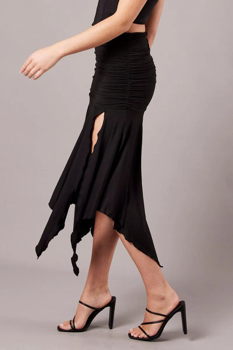 Black Handkerchief Midi Asymmetric Skirt Chill Tones Resort Vacation