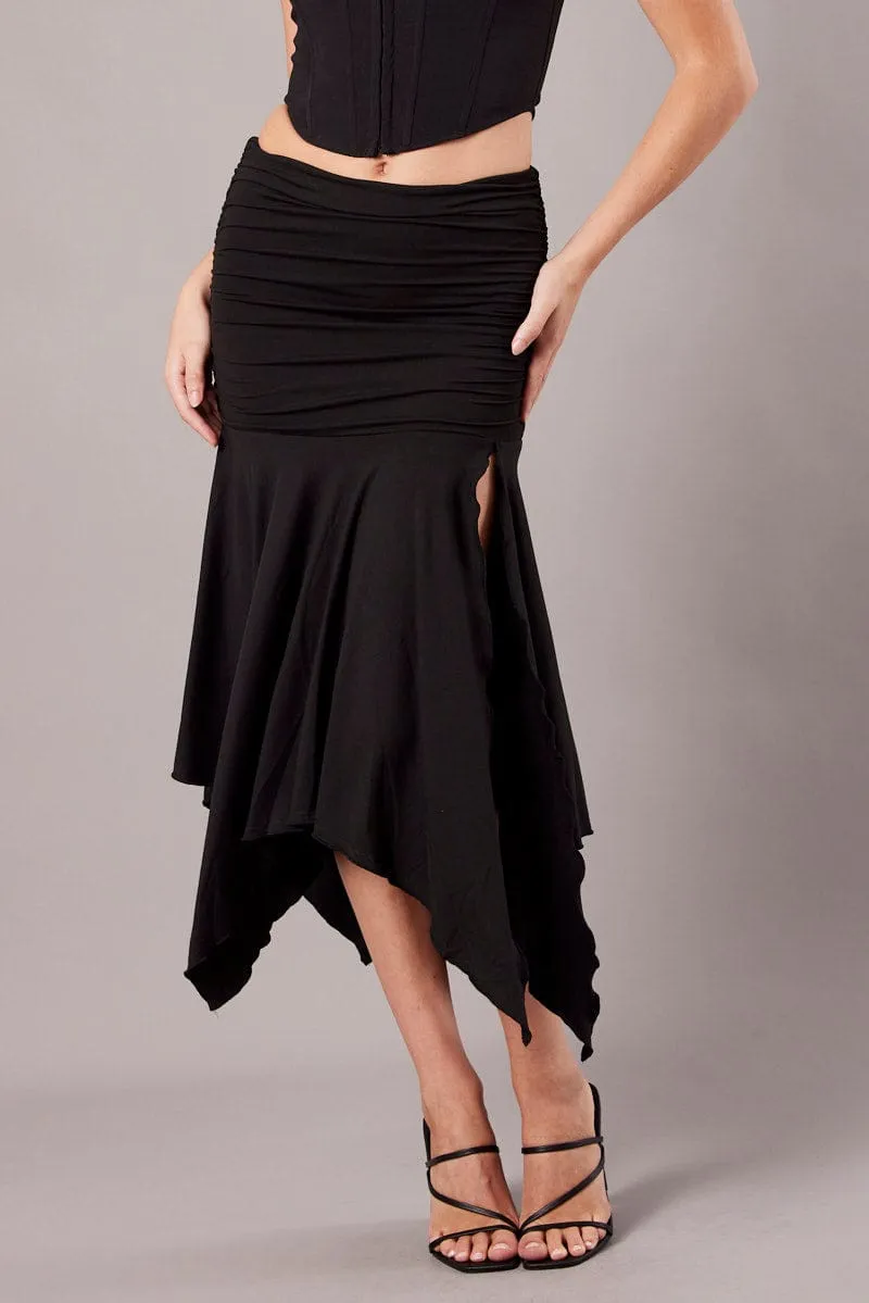 Black Handkerchief Midi Asymmetric Skirt Easy Layer Relaxed Vibes