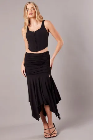 Black Handkerchief Midi Asymmetric Skirt Adjustable Closure