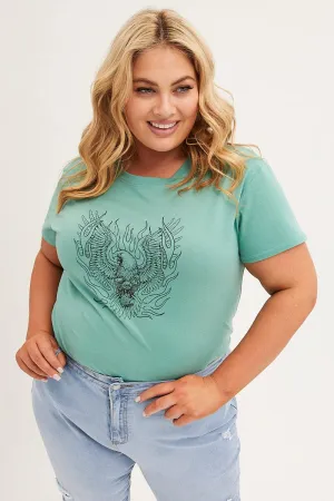 Green Graphic T-shirt Short Sleeve Eagle Outline Cotton Classic Vibes FunctionalPockets