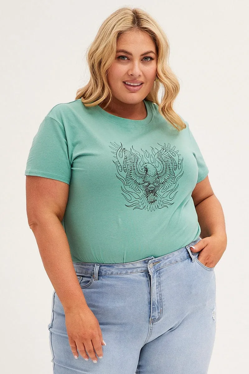 Green Graphic T-shirt Short Sleeve Eagle Outline Cotton Active Comfort Wear Ultimate Fit