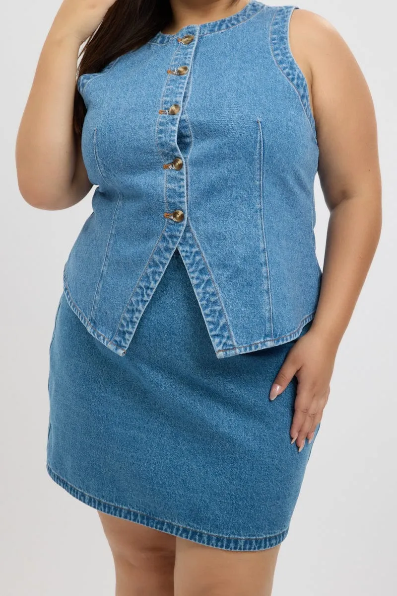 Daily Essential Denim A Line Topstitch Mini Skirt