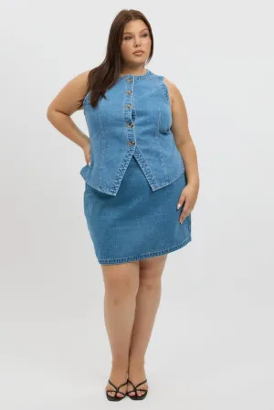Resort Vacation Denim A Line Topstitch Mini Skirt
