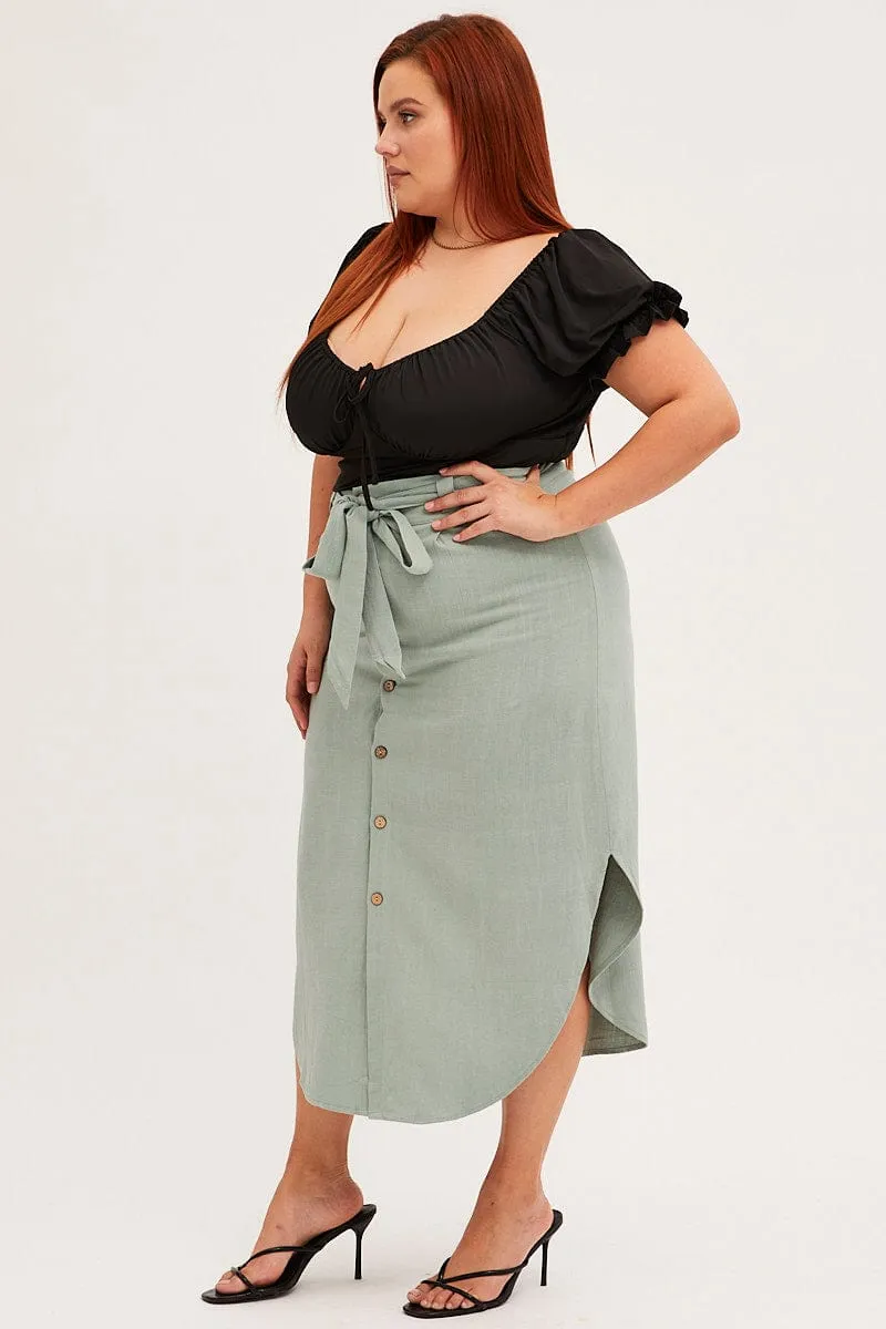 Easy Layers Sage Midi Skirt Button Front Linen Blend