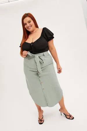Sage Midi Skirt Button Front Linen Blend Simple Outfit
