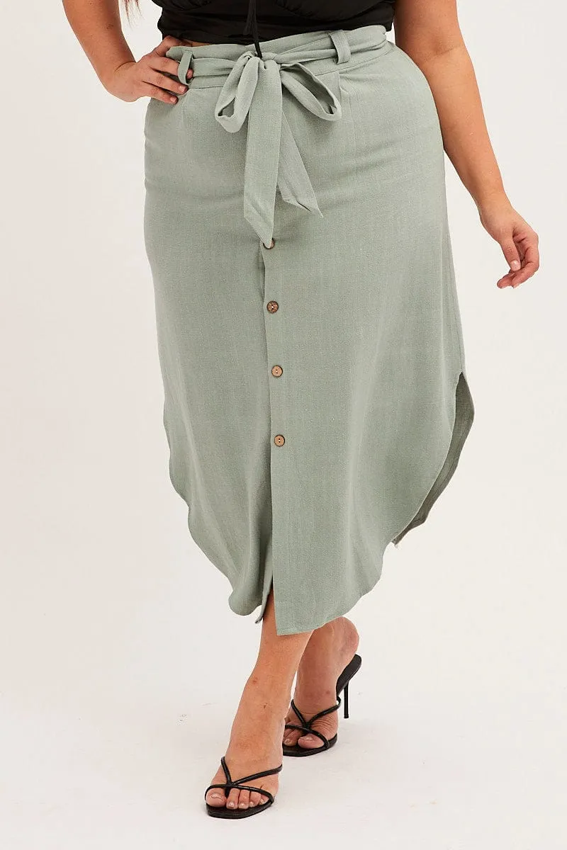 Winter Staple Sage Midi Skirt Button Front Linen Blend