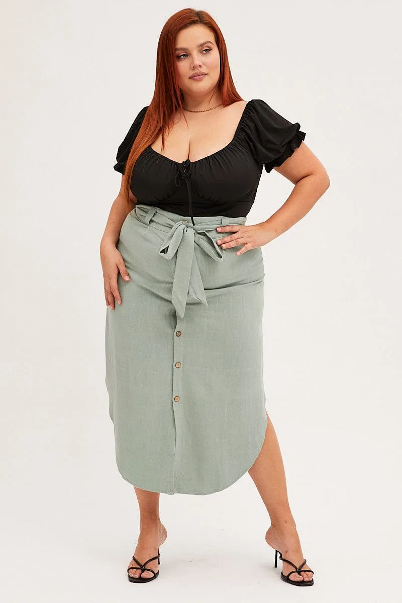 Smooth Cut City Wear Sage Midi Skirt Button Front Linen Blend