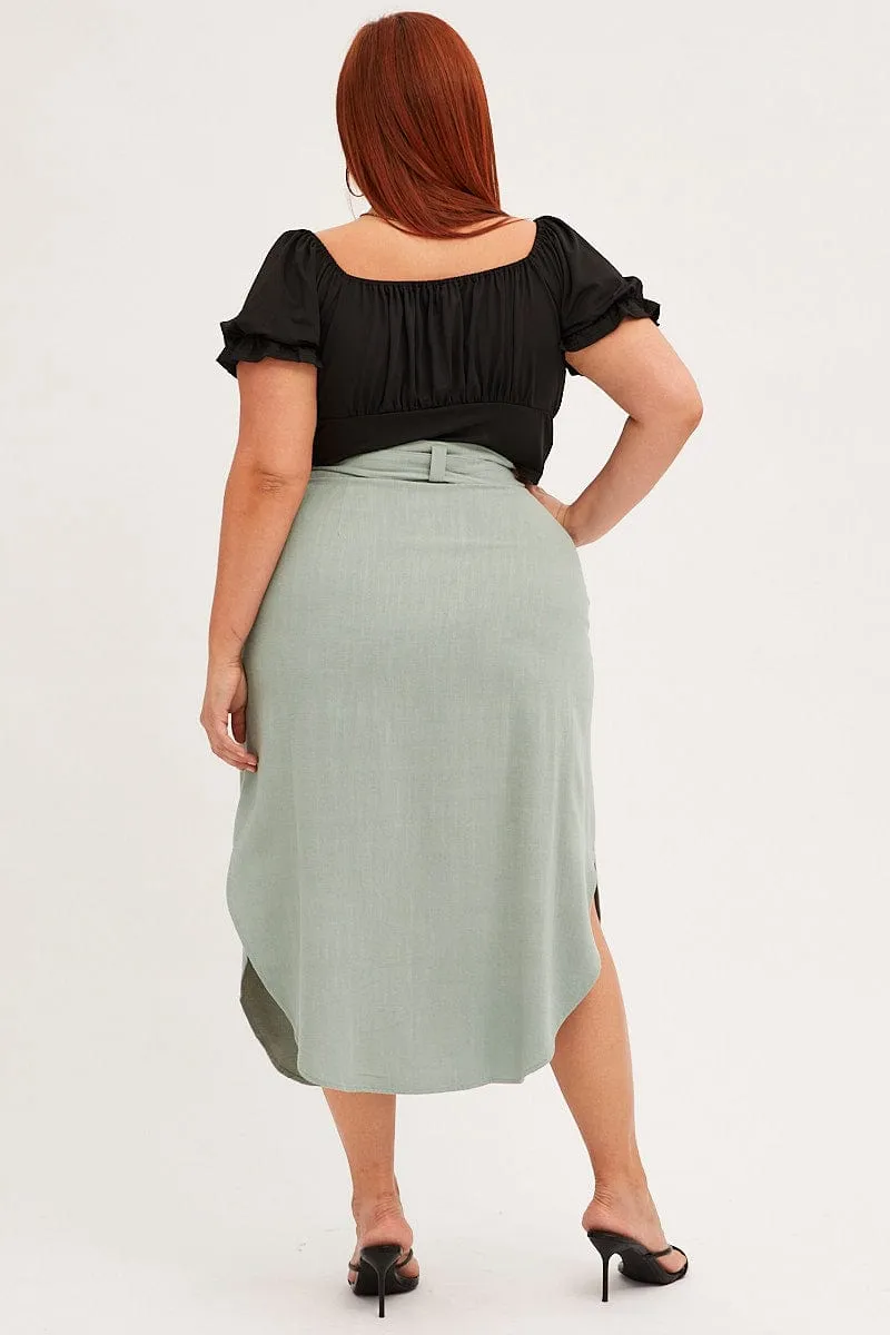 Sage Midi Skirt Button Front Linen Blend Runway Ready