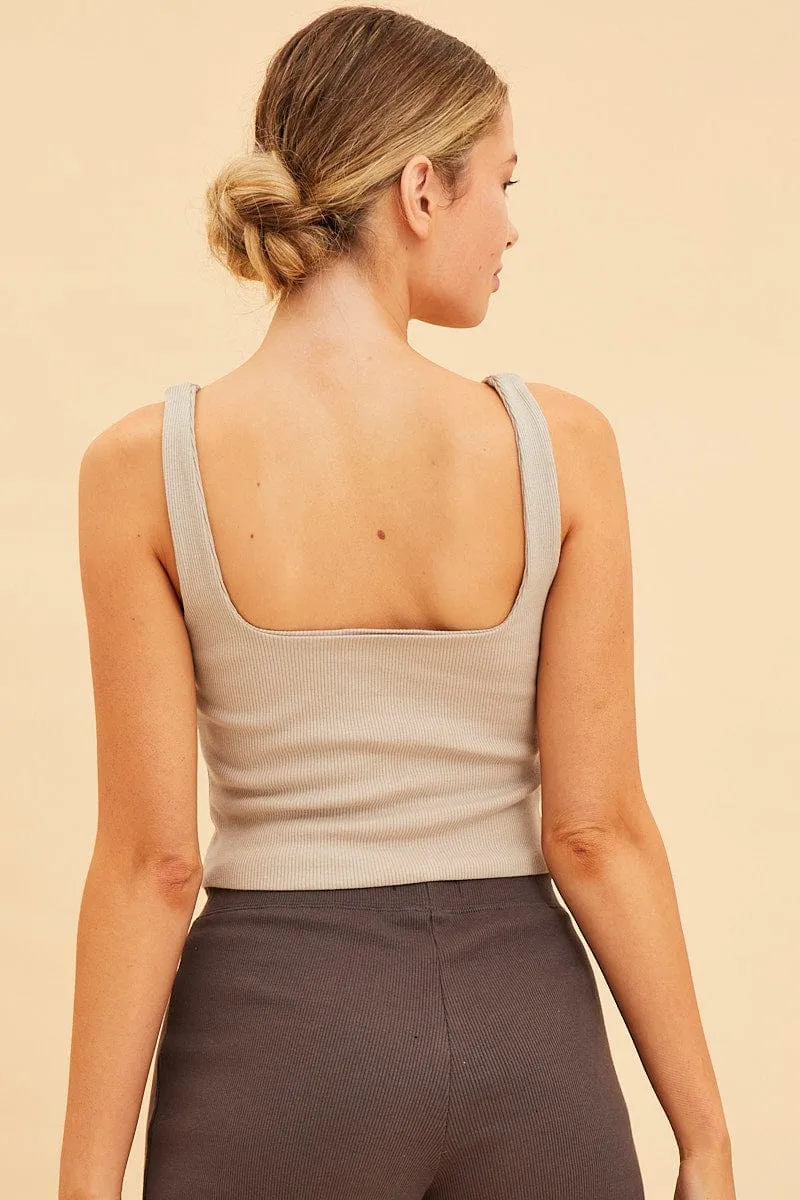 Beige Crop Tank Square Neck Cotton Blend Rib Summer Outfit Weatherproof