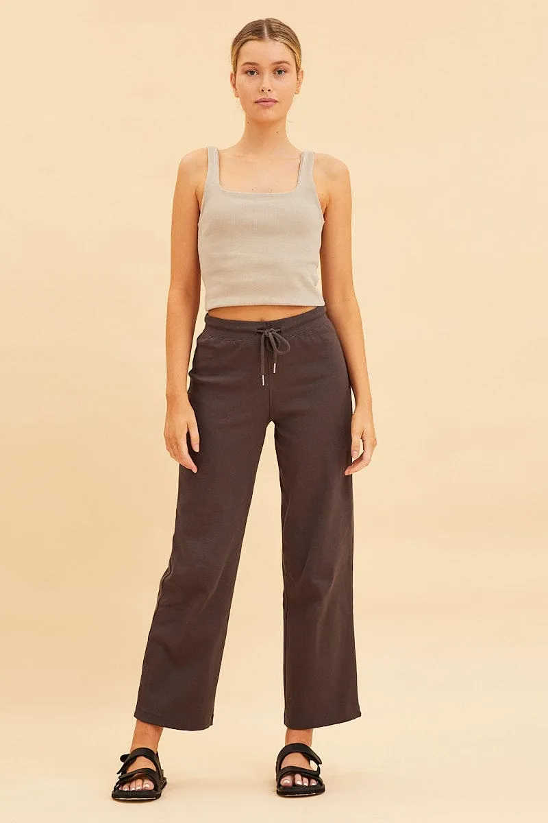 Beige Crop Tank Square Neck Cotton Blend Rib StaticFreeLining