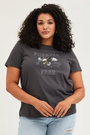 Comfy Vibes Midweight Knit Grey Graphic T-shirt Short Sleeve Eagle Print Cotton