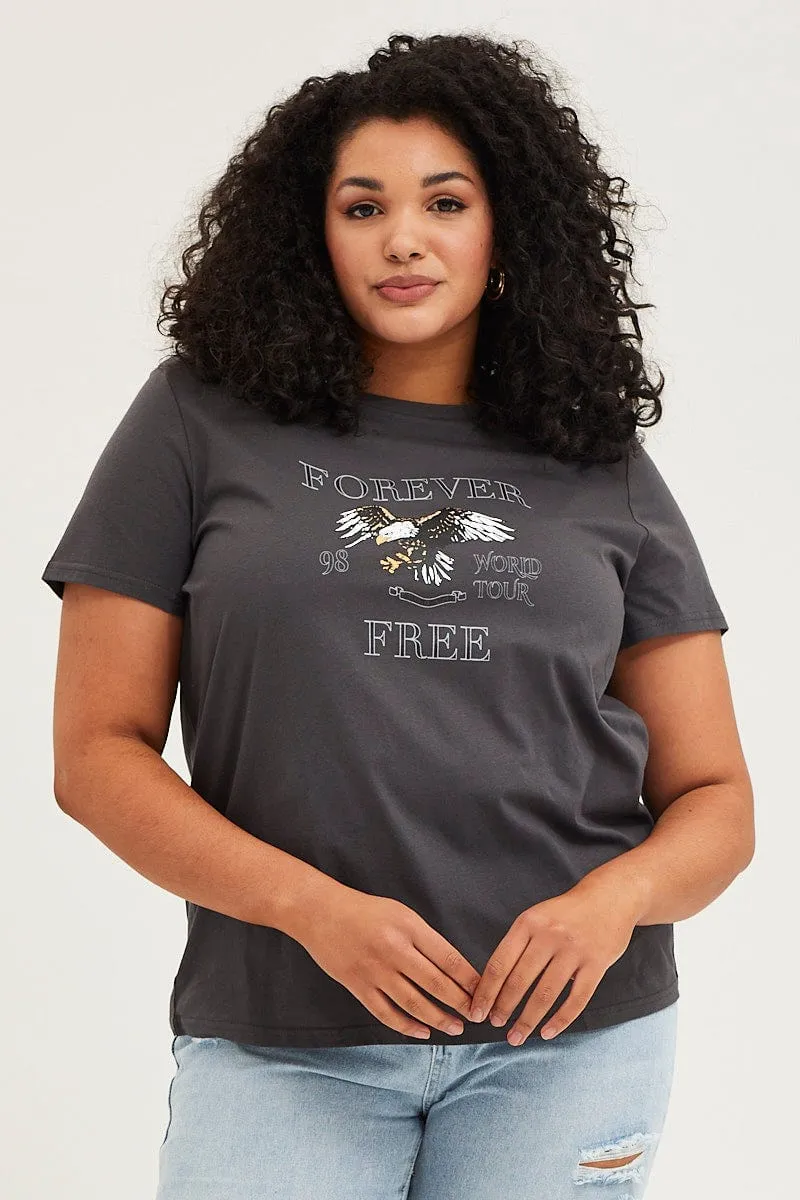 Grey Graphic T-shirt Short Sleeve Eagle Print Cotton Teenager coolness Cozy Fit