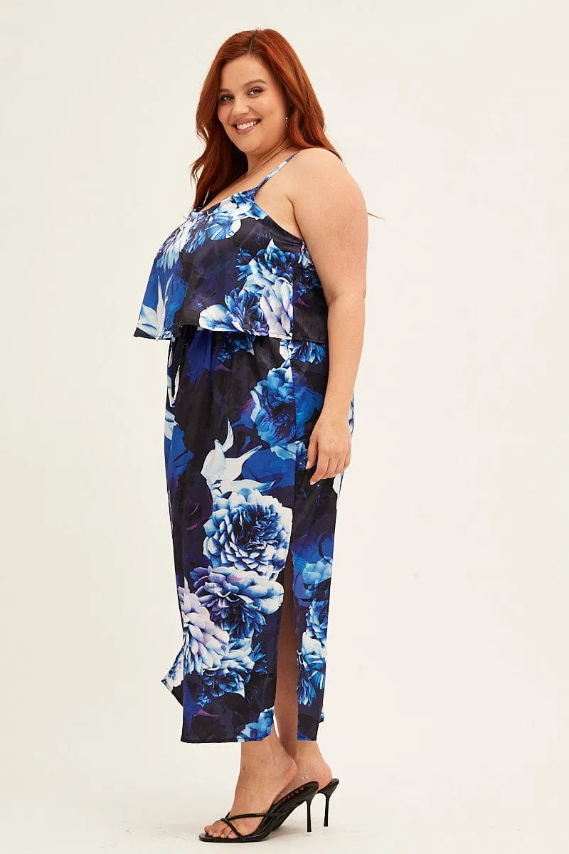 Wardrobe Staple Harbor Light Blue Abstract Midi Dress Sleeveless Side Split Satin