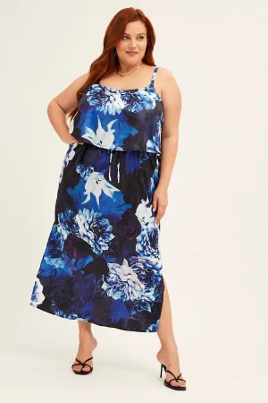 Blue Abstract Midi Dress Sleeveless Side Split Satin Polished Wardrobe